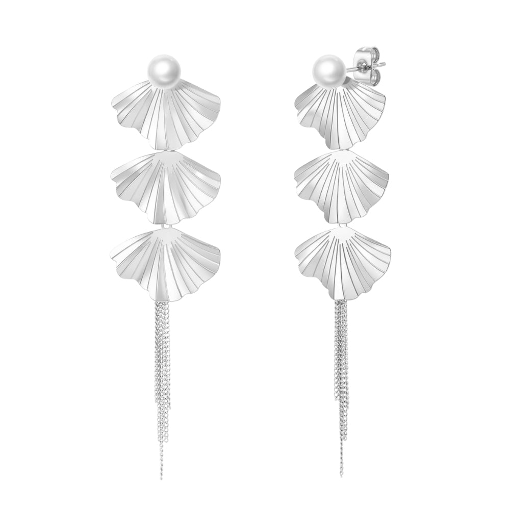 Earrings - Leaves with Pearl - 12 cm - Steel Color