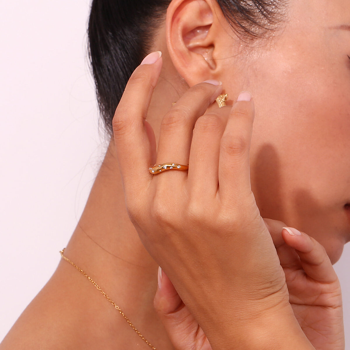 Wave Ring -Zircon  Ring - - Gold and Steel
