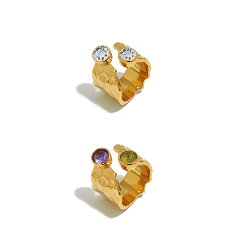 Hammered  Ring - Two Zirconias - Open -  Gold Color and Steel Color