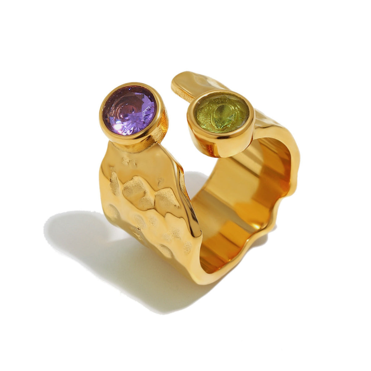 Hammered  Ring - Two Zirconias - Open -  Gold Color and Steel Color