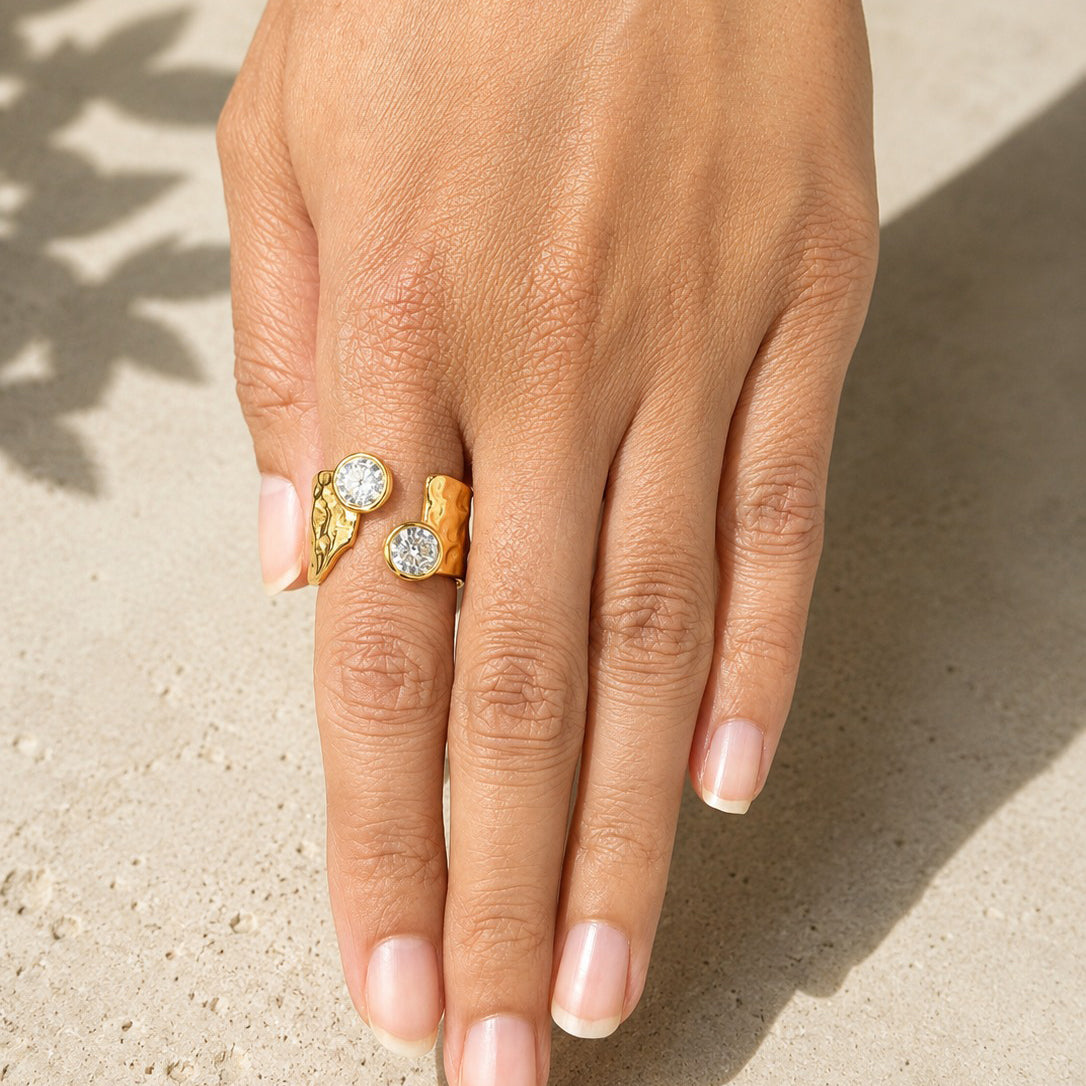 Hammered  Ring - Two Zirconias - Open