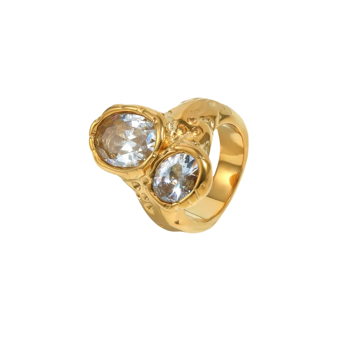 Hammered Ring - Cubic Zirconia -  Gold Color and Steel Color