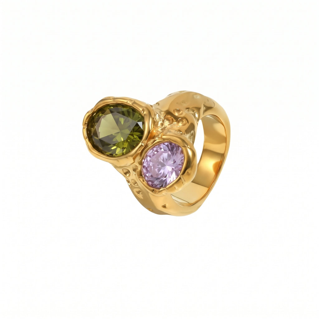 Hammered Ring - Cubic Zirconia -  Gold Color and Steel Color
