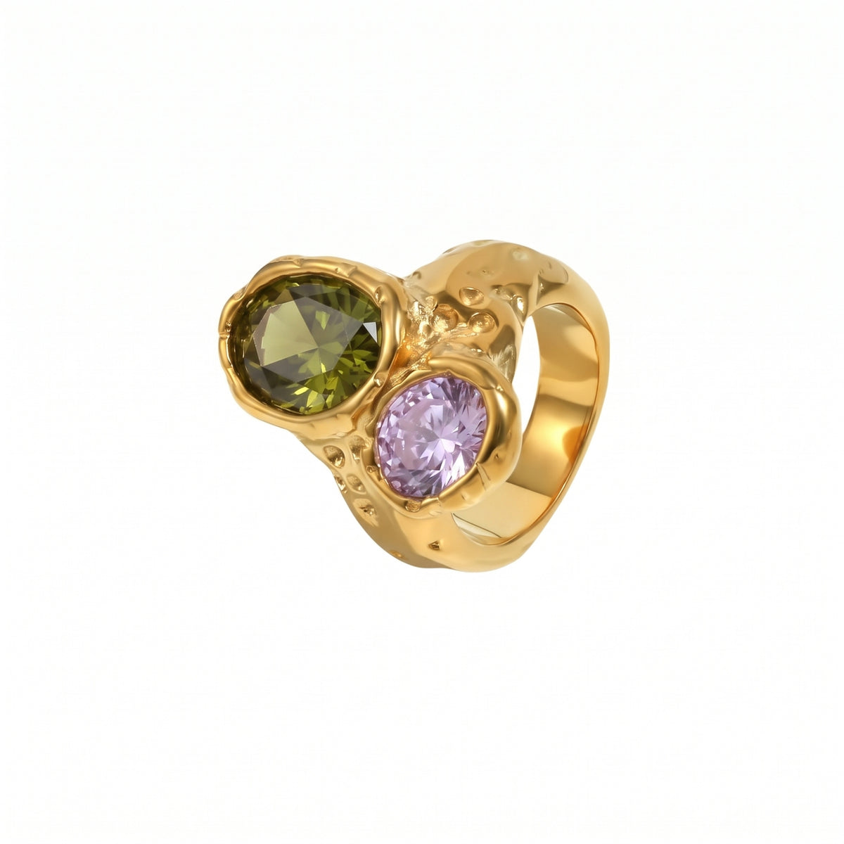 Hammered Ring - Cubic Zirconia -  Gold Color and Steel Color