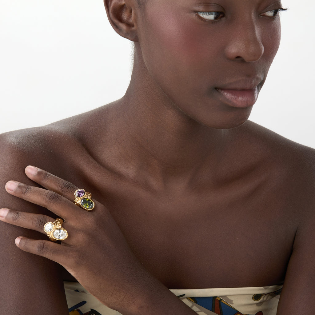 Hammered Ring - Cubic Zirconia -  Gold Color and Steel Color