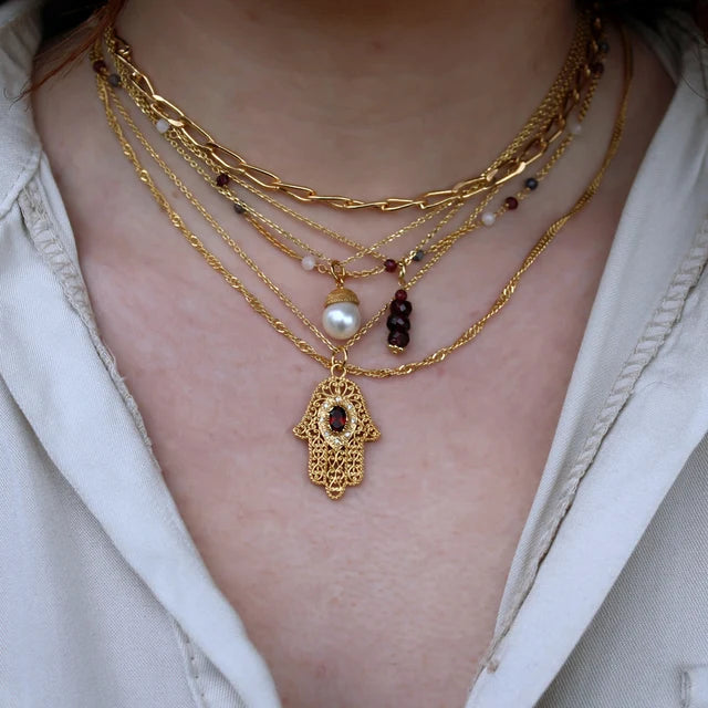 Necklace Hand of Fatima - Gemstone - Gold Plated