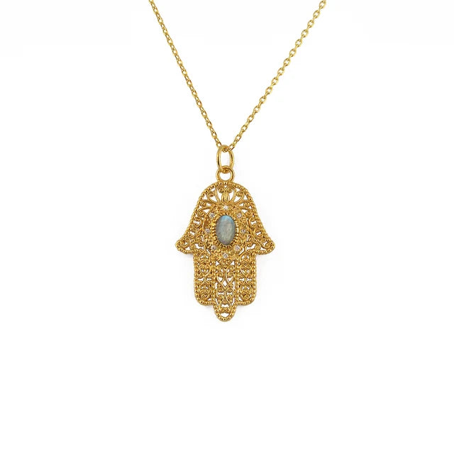 Necklace Hand of Fatima - Gemstone - Gold Plated