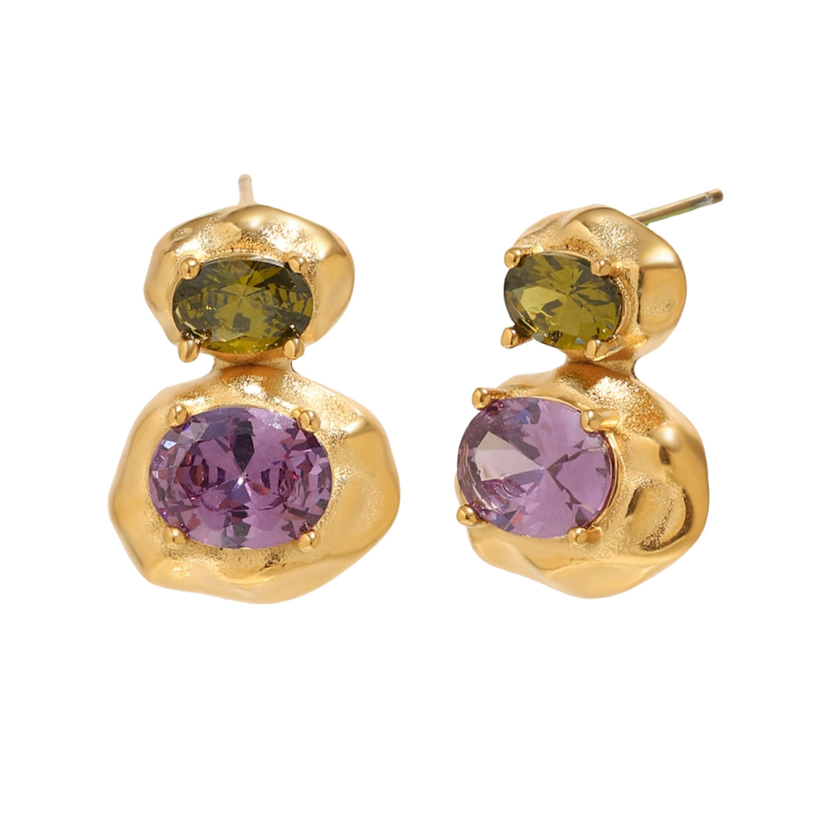 Zirconia  Earrings - Hammered - Zirconia -Gold Color