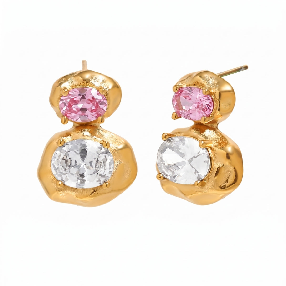 Zirconia  Earrings - Hammered - Zirconia -Gold Color