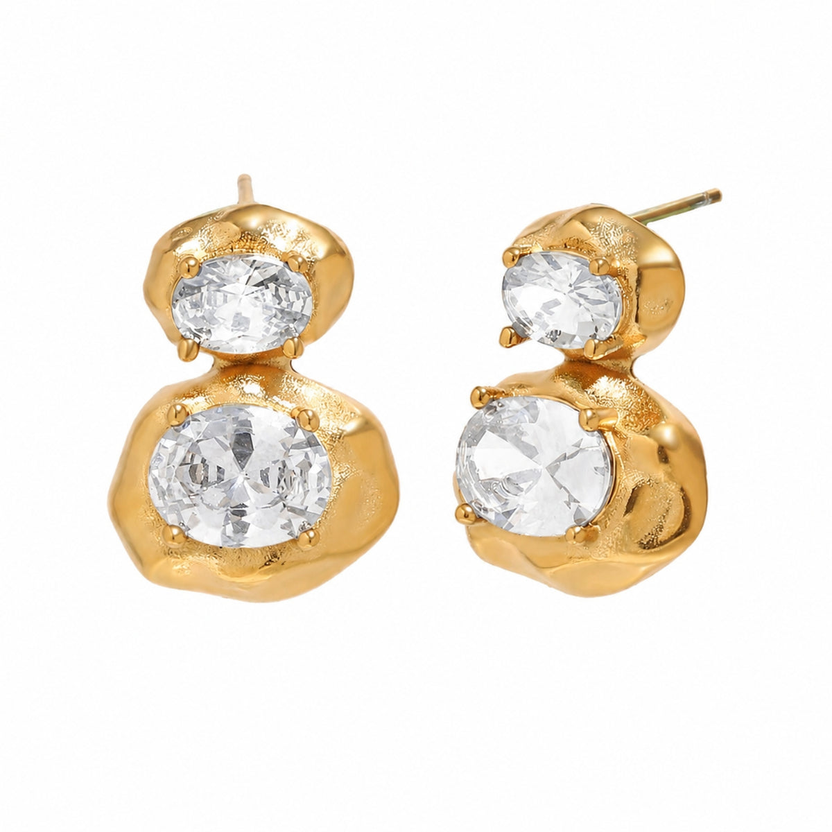 Zirconia  Earrings - Hammered - Zirconia -Gold Color