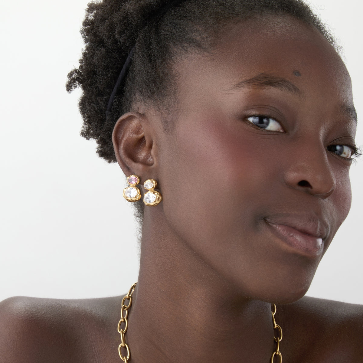 Zirconia  Earrings - Hammered - Zirconia -Gold Color