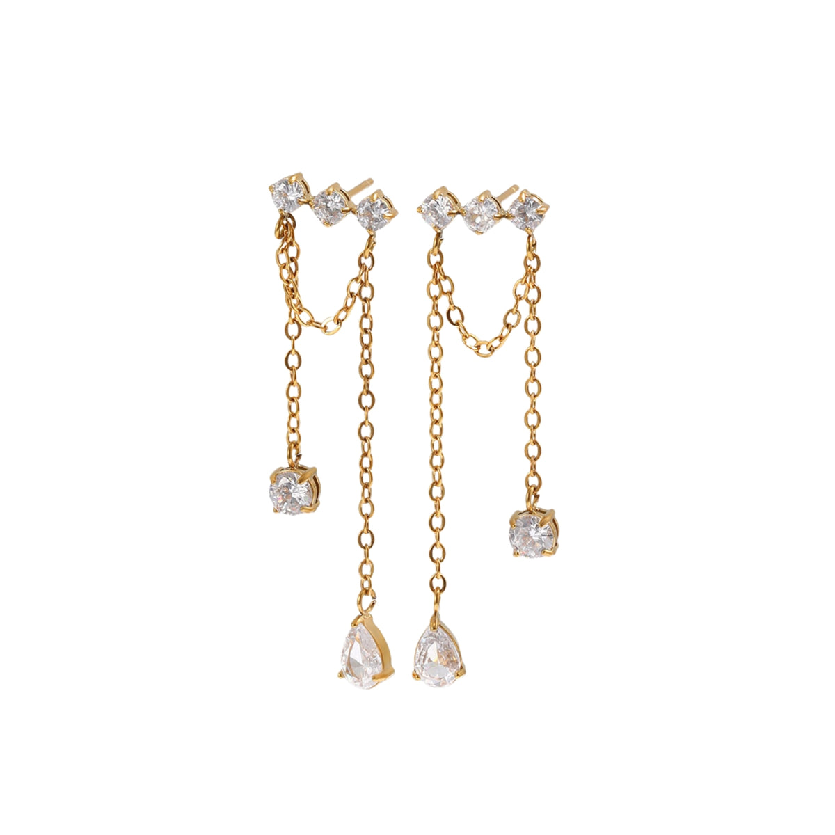 Zirconia Stainless Steel Earrings - Chain - Zirconia  - Gold Color