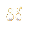 A pair of gold drop earrings with a double-ring design and a small white freshwater pearl set inside each ring.