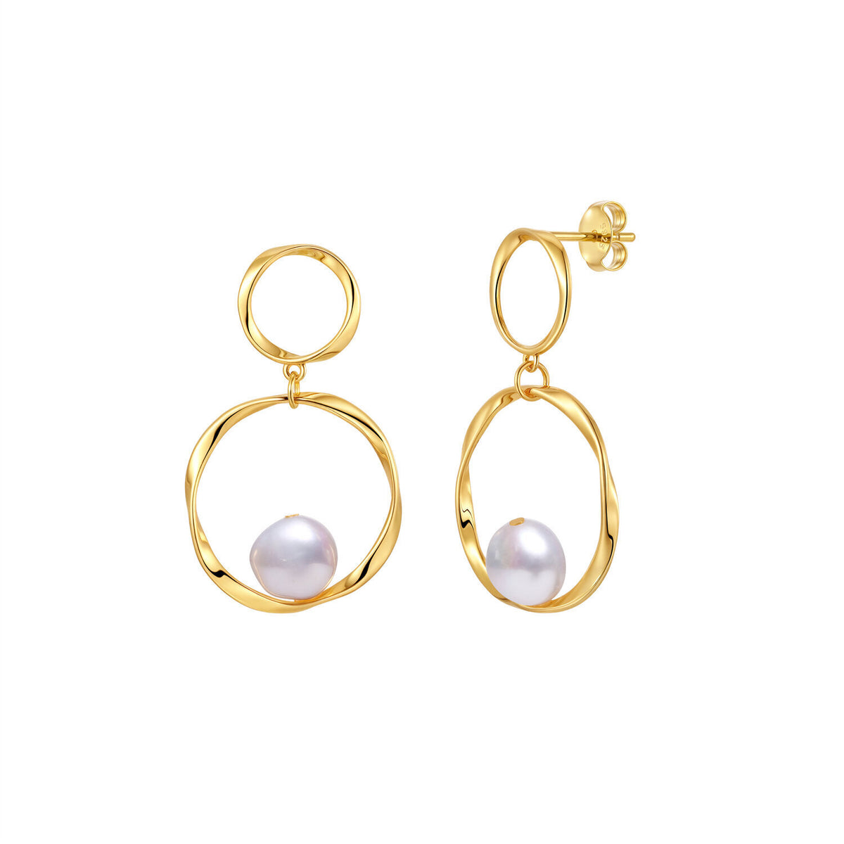 A pair of gold drop earrings with a double-ring design and a small white freshwater pearl set inside each ring.