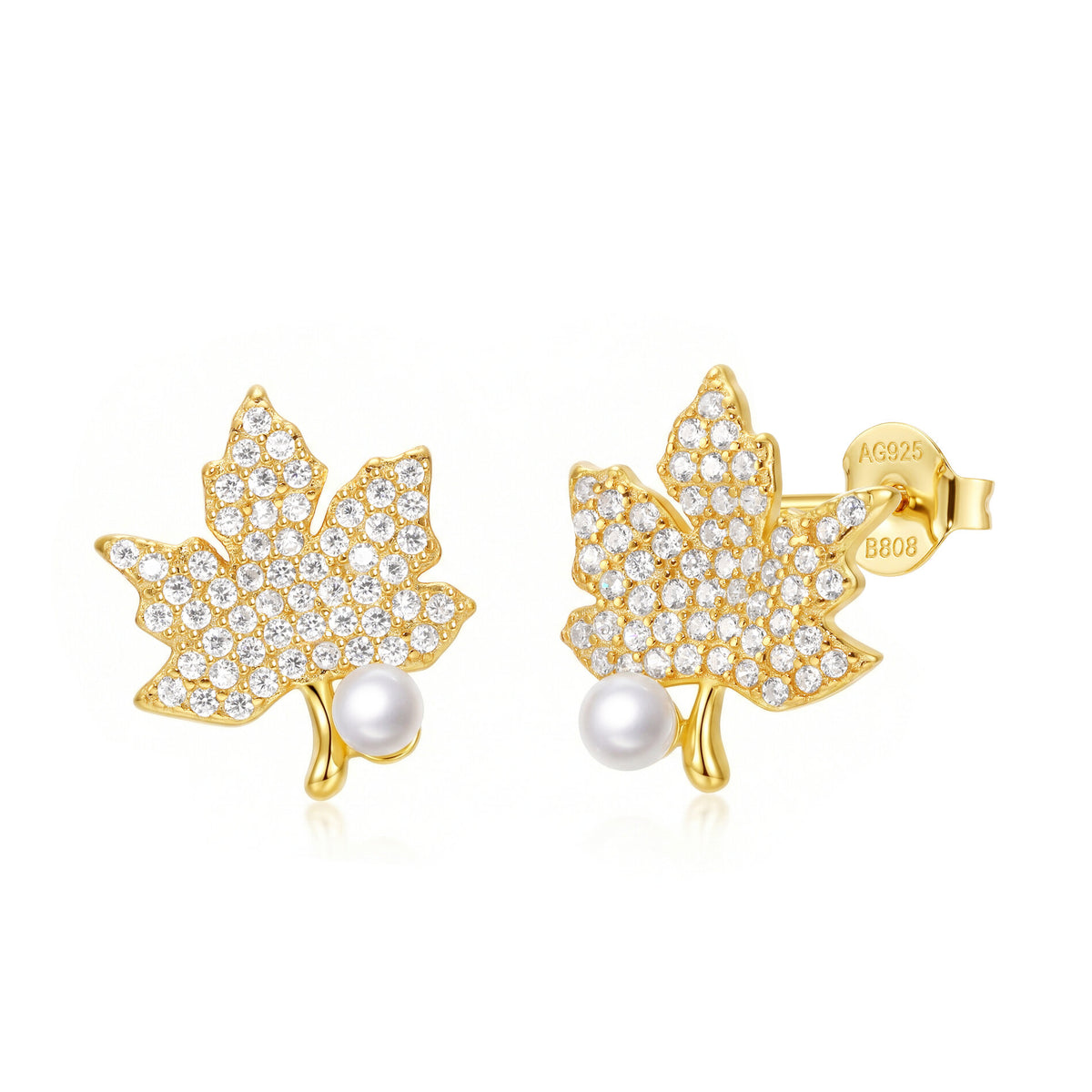 Silver Maple Leaf Earrings – 3 mm Pearl - Gold Plated