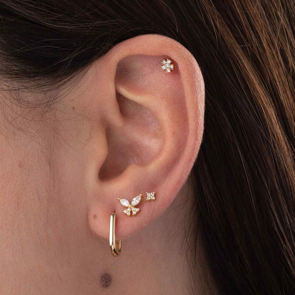 Piercing Butterfly Earrings - Zirconia - Gold Plated and Rhodium Silver