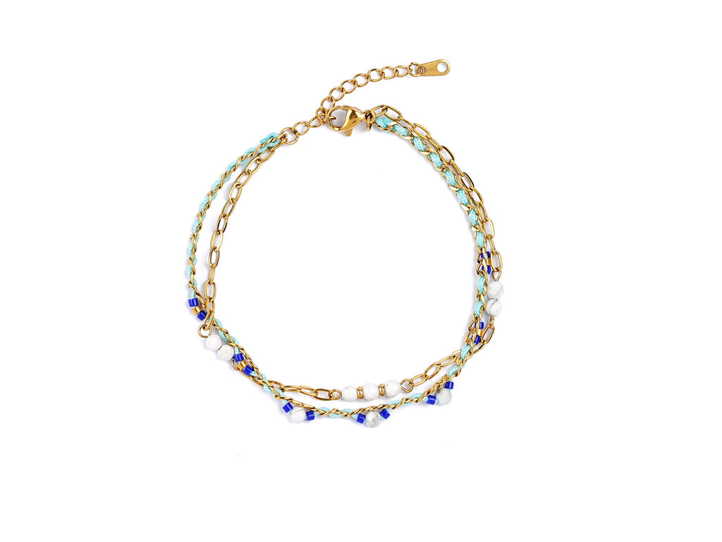 Steel Bracelet - Thread - White Turquoise Mineral - 17 + 3 cm - Gold-Tone