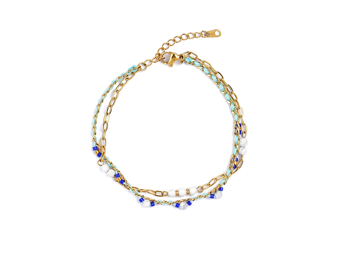 Steel Bracelet - Thread - White Turquoise Mineral - 17 + 3 cm - Gold-Tone