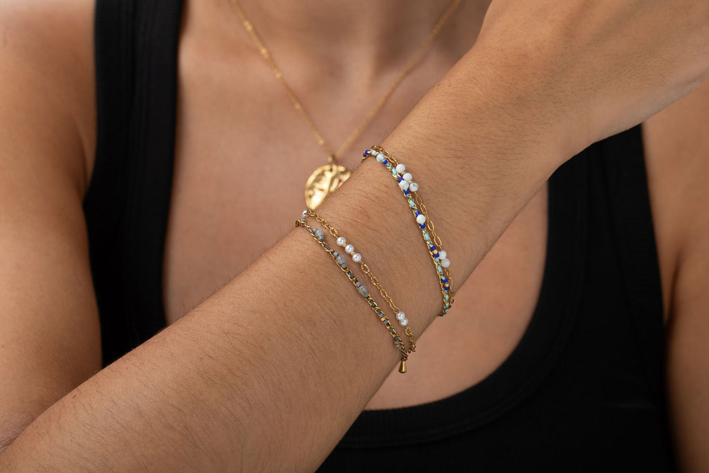 Steel Bracelet - Thread - White Turquoise Mineral - 17 + 3 cm - Gold-Tone