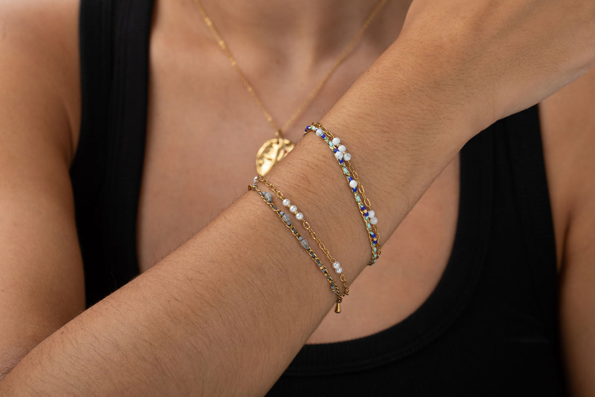 Steel Bracelet - Thread - White Turquoise Mineral - 17 + 3 cm - Gold-Tone