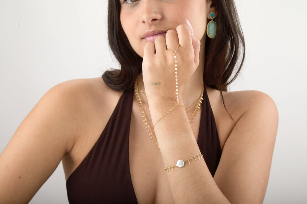 Bracelet with Steel Ring - Minerals and Pearls -  Gold Color