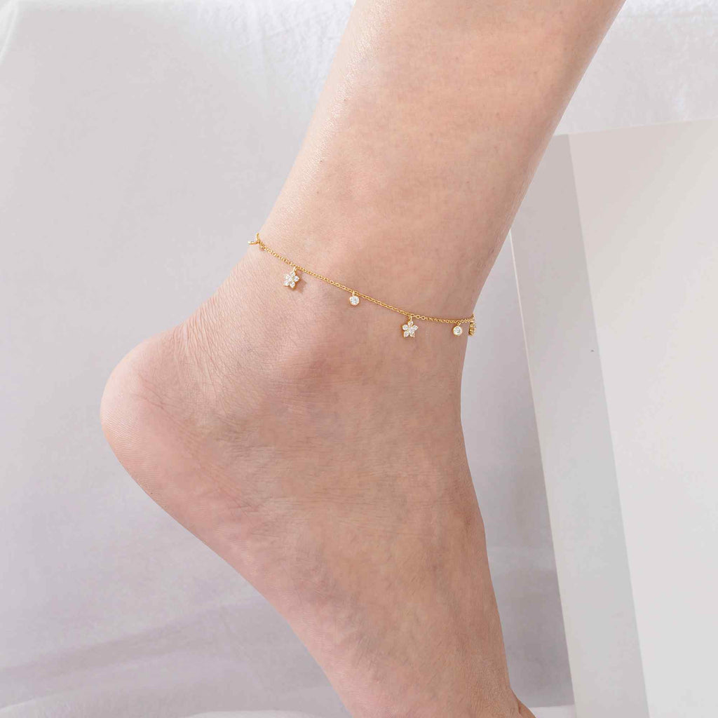 Star Anklet - White Zirconia - Gold Plated and Rhodium Silver
